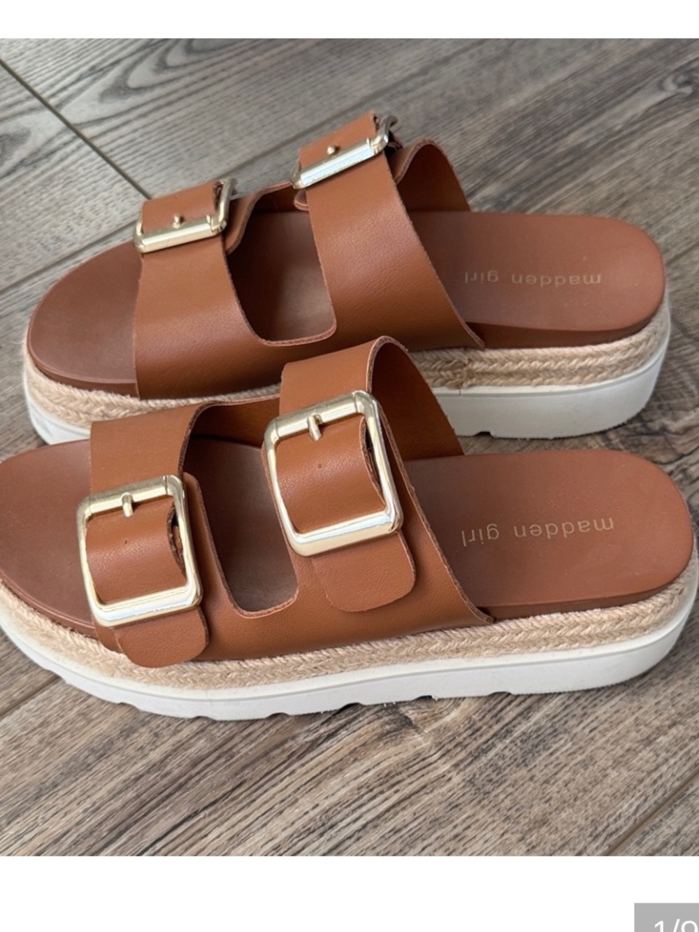 New Steve Madden Tan Double-Buckle Platform Slide Sandals